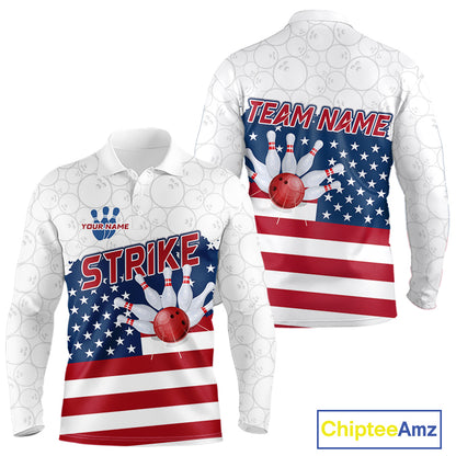 Personalized American Flag Strike Bowling Polo, 1/4 Zip Shirts For Men, Patriotic Bowling Team Jersey NQS10345