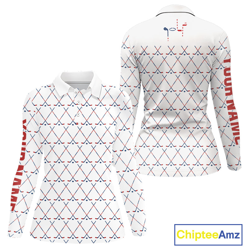 Red, White and Blue golf clubs pattern Women golf polo shirt Custom Patriotic golf outfits for ladies NQS10198