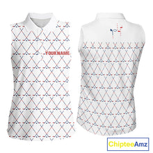 Load image into Gallery viewer, Red, White &amp; Blue golf clubs pattern Women sleeveless polo shirt Custom Patriotic ladies golf outfit NQS10198