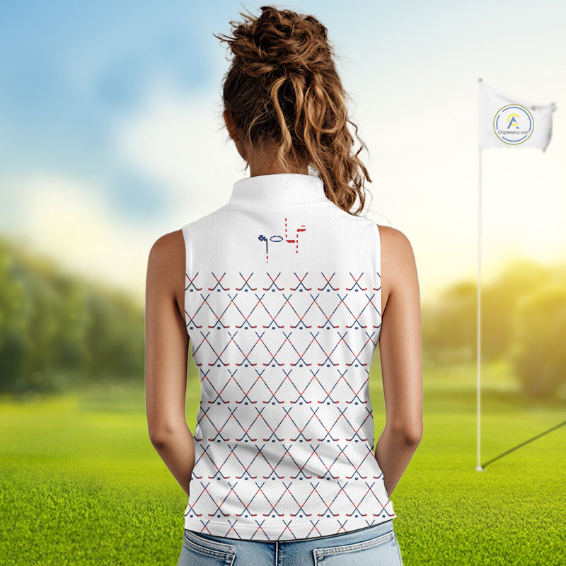 Red, White & Blue golf clubs pattern Women sleeveless polo shirt Custom Patriotic ladies golf outfit NQS10198