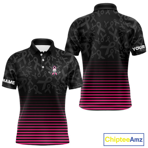 Pink and black Ribbons Pattern Mens Golf Polo Shirts Custom Breast cancer awareness Team Golf attire NQS10559