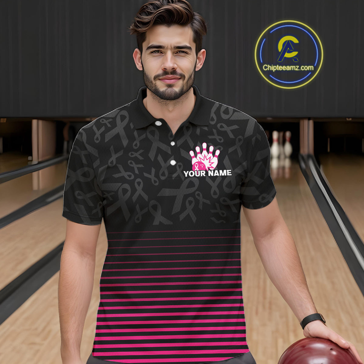 Pink and black Ribbons Pattern Bowling Shirts For Men Custom Breast cancer Team Bowler Jersey NQS10560