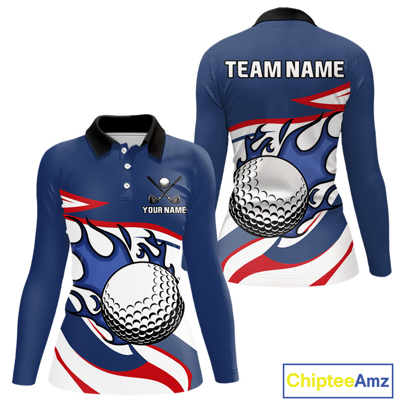 Red, White and Blue Flame golf ball Women Golf polo shirts Custom patriotic Golf Outfit For Ladies NQS10044
