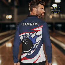 Load image into Gallery viewer, Red, White and Blue Flame bowling ball polo, 1/4 zip shirts for Men Custom patriotic Bowling Outfit NQS10045
