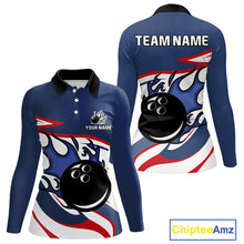 Load image into Gallery viewer, Red, White and Blue Flame bowling ball polo, 1/4 zip shirts for Women Custom patriotic Bowling Outfit NQS10045