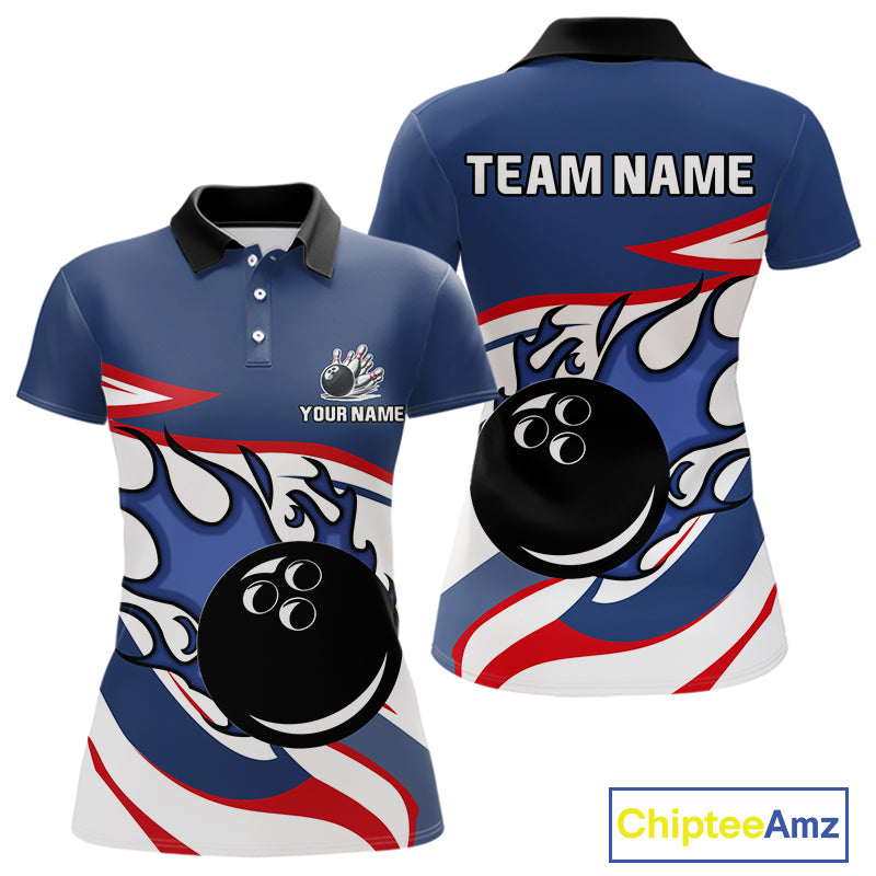 Red, White and Blue Flame bowling ball polo, 1/4 zip shirts for Women Custom patriotic Bowling Outfit NQS10045