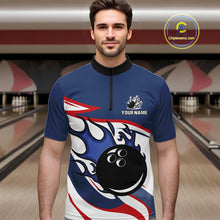 Load image into Gallery viewer, Red, White and Blue Flame bowling ball polo, 1/4 zip shirts for Men Custom patriotic Bowling Outfit NQS10045