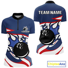 Load image into Gallery viewer, Red, White and Blue Flame bowling ball polo, 1/4 zip shirts for Women Custom patriotic Bowling Outfit NQS10045
