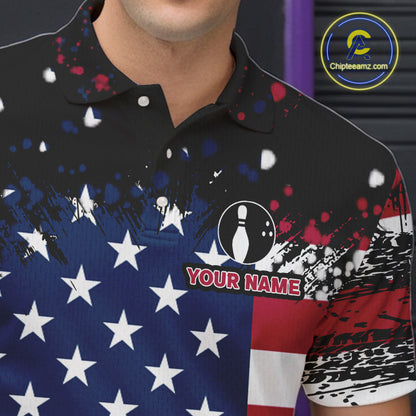 American Flag Black Bowling Polo, 1/4 Zip Shirts For Men custom patriotic retro bowling team shirts NQS10210