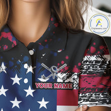 Load image into Gallery viewer, American Flag Black golf polo shirts for Women custom patriotic retro golf team shirts, golfer gifts NQS10211