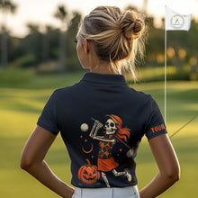 Load image into Gallery viewer, Black and Orange Skull Golf polo shirt for Women Custom Halloween Ladies golf outfit NQS10353