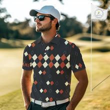 Load image into Gallery viewer, Black and Orange argyle plaid pattern Mens golf polo shirts custom Halloween golf wear for men NQS10356
