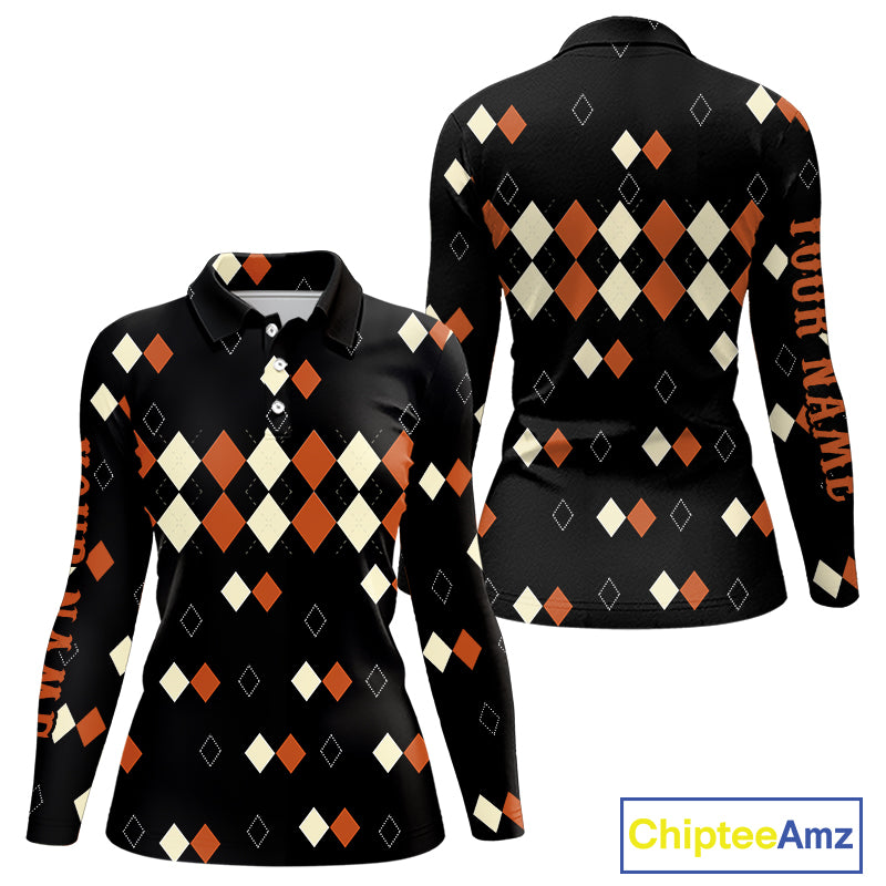 Black and Orange argyle plaid pattern Women golf polo shirts custom Halloween golf wear for ladies NQS10356