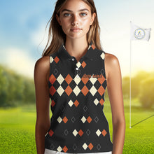 Load image into Gallery viewer, Black and Orange argyle plaid pattern Women sleeveless polo shirt custom Halloween ladies golf wear NQS10356