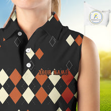 Load image into Gallery viewer, Black and Orange argyle plaid pattern Women sleeveless polo shirt custom Halloween ladies golf wear NQS10356