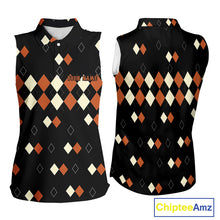 Load image into Gallery viewer, Black and Orange argyle plaid pattern Women sleeveless polo shirt custom Halloween ladies golf wear NQS10356