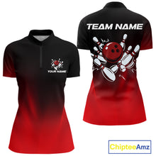 Load image into Gallery viewer, Custom Black and Red Bowling Polo, Quarter Zip Team Shirts For Women, Bowling Outfit Gift For Bowlers NQS10565