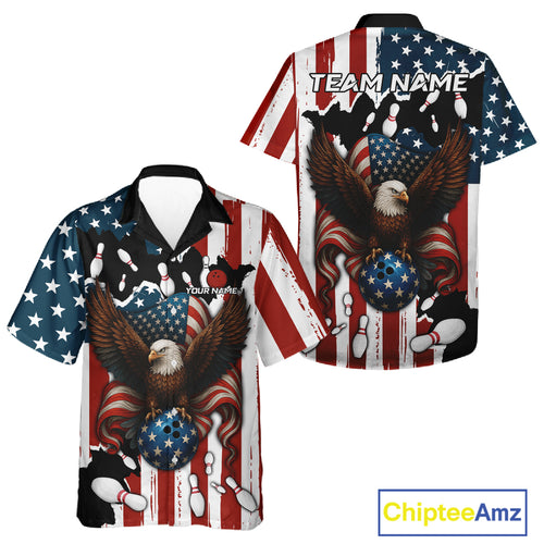 American Flag Eagle Bowling Hawaiian Shirt Custom Patriotic Team Bowling Button Up Shirt NQS10572