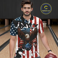 Load image into Gallery viewer, American Flag Eagle Bowling Polo, Quarter Zip Shirts For Men Custom Patriotic Team Bowling Jersey NQS10572