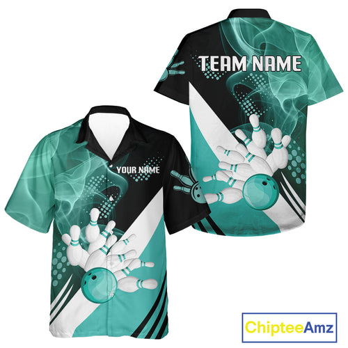 Bowling Hawaiian Shirt Custom cyan blue smoke bowling team button up shirt, gift for Bowlers NQS10060