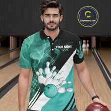 Load image into Gallery viewer, Mens bowling polo, 1/4 zip shirts Custom cyan blue smoke bowling team jerseys, gift for Bowlers NQS10060
