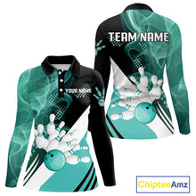 Load image into Gallery viewer, Women bowling polo, 1/4 zip shirts Custom cyan blue smoke bowling team jerseys, gift for Bowlers NQS10060