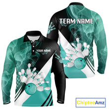 Load image into Gallery viewer, Mens bowling polo, 1/4 zip shirts Custom cyan blue smoke bowling team jerseys, gift for Bowlers NQS10060