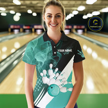 Load image into Gallery viewer, Women bowling polo, 1/4 zip shirts Custom cyan blue smoke bowling team jerseys, gift for Bowlers NQS10060