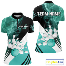 Load image into Gallery viewer, Women bowling polo, 1/4 zip shirts Custom cyan blue smoke bowling team jerseys, gift for Bowlers NQS10060