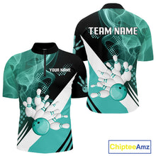 Load image into Gallery viewer, Mens bowling polo, 1/4 zip shirts Custom cyan blue smoke bowling team jerseys, gift for Bowlers NQS10060