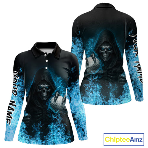 Blue Flame Skull reaper Women Golf polo shirts custom golf top for ladies, best golf gifts NQS10360