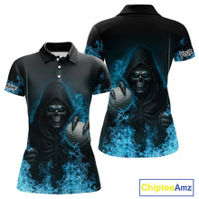 Load image into Gallery viewer, Blue Flame Skull reaper Women Golf polo shirts custom golf top for ladies, best golf gifts NQS10360