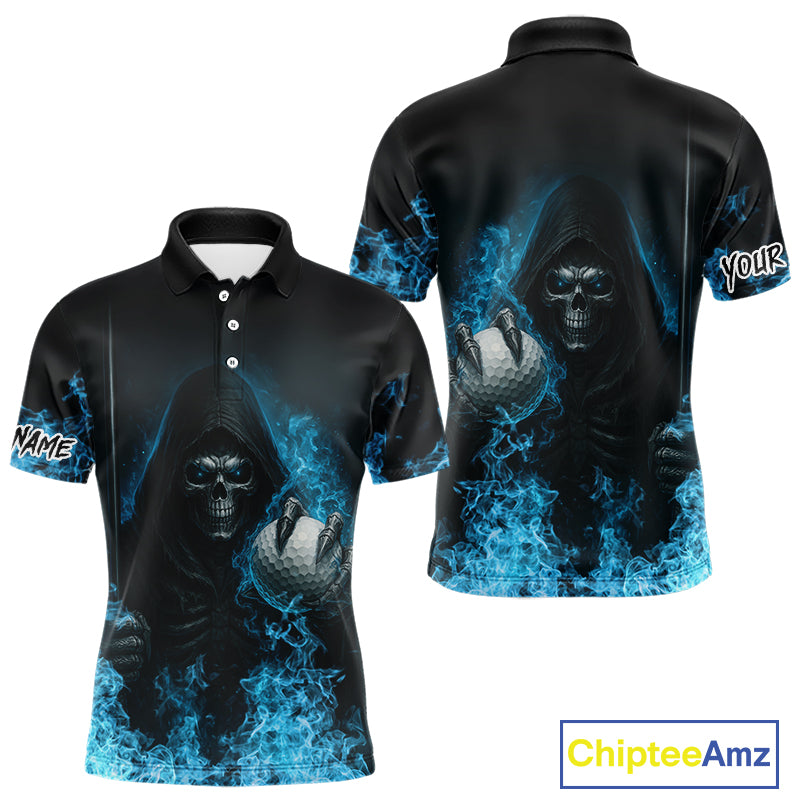 Blue Flame Skull reaper Mens Golf polo shirts custom golf top for men, best golf gifts NQS10360
