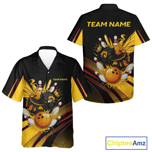 Black and Yellow Bee Bowling Hawaiian Shirt Custom Bee Bowling Team Outfit Button up shirt NQS10362