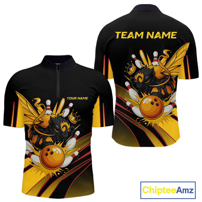 Black and Yellow Bee Bowling Polo, Quarter Zip Shirts For Men Custom Bee Bowling Team Jersey Outfit NQS10362