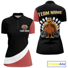 Load image into Gallery viewer, Retro Black &amp; Red Turkey Bowling Polo, Quarter Zip Shirt For Women, Thanksgiving Bowling Team Jersey NQS10370