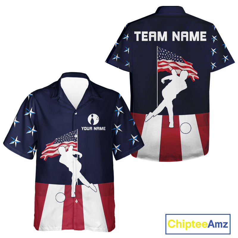 Red, White and Blue American Flag Bowling Team Hawaiian shirt Custom Patriotic Bowling Jerseys NQS10220