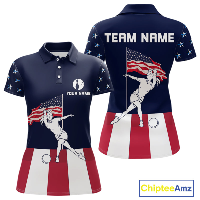 Red, White and Blue American Flag Bowling Team Shirts For Women Custom Patriotic Bowling Jerseys NQS10220