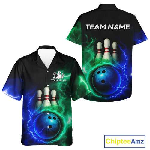 Blue and Green Lightning thunder Black Bowling Hawaiian Shirt custom Bowling Team Button up shirt NQS10379