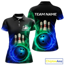 Load image into Gallery viewer, Blue and Green Lightning thunder Black Bowling Shirts For Women custom Bowling Team Jerseys NQS10379