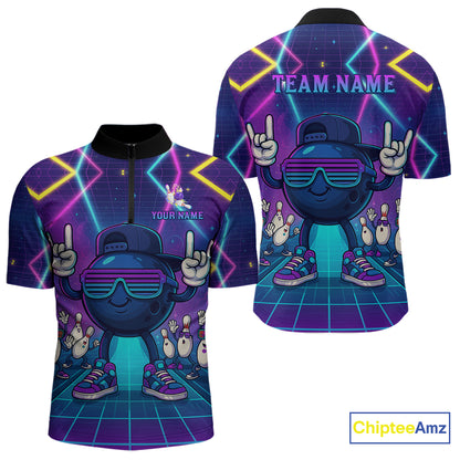 Purple neon stage funny Bowling polo, quarter zip shirts for Men Custom funny bowling team shirts NQS10299