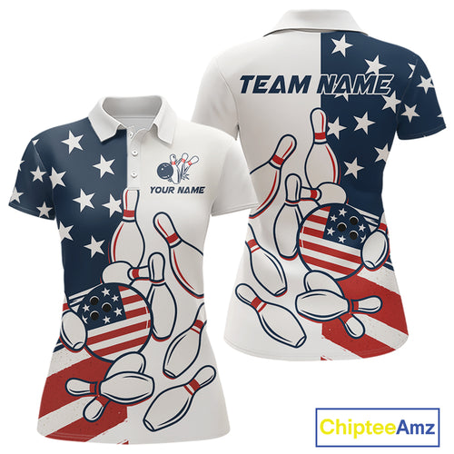 Custom American flag Bowling Shirt For Women personalized red, white and blue patriotic bowling shirt NQS10313