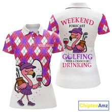 Load image into Gallery viewer, Pink purple glitter argyle pattern Flamingo Women golf polo shirt Custom weekend forecast golf &amp; wine NQS10325