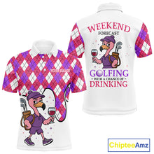 Load image into Gallery viewer, Pink &amp; purple glitter argyle pattern Flamingo Men golf polo shirt Custom weekend forecast golf &amp; wine NQS10325