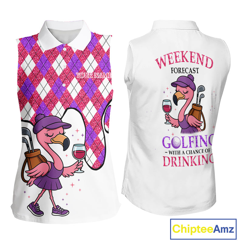 Pink purple glitter argyle pattern Flamingo sleeveless golf polos Custom weekend forecast golf & wine NQS10325