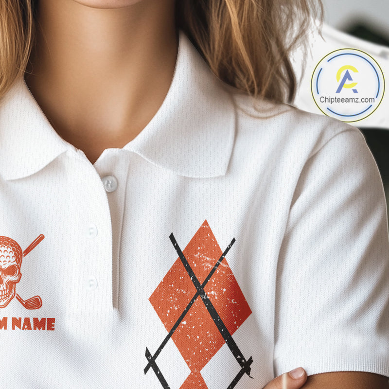 Orange argyle plaid pattern Skull White Golf polo shirt for Women custom Halloween ladies golf attire NQS10357