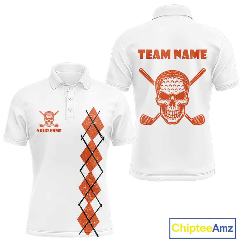 Orange argyle plaid pattern Skull White Golf polo shirts for men custom Halloween mens golf attire NQS10357