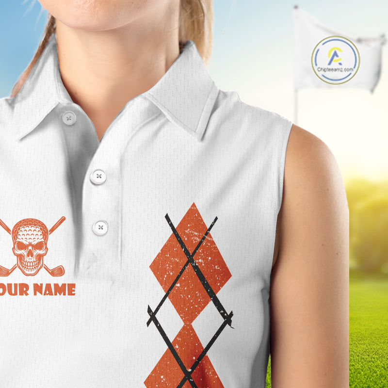 Orange argyle plaid pattern Skull White Sleeveless polo shirt custom Halloween ladies golf attire NQS10357