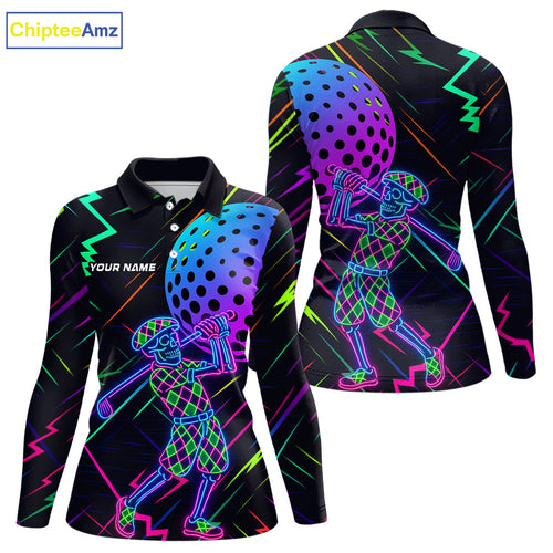 Colorful Neon skull golfer Women golf polo shirt custom golf attire for ladies, cool golf gifts NQS10098