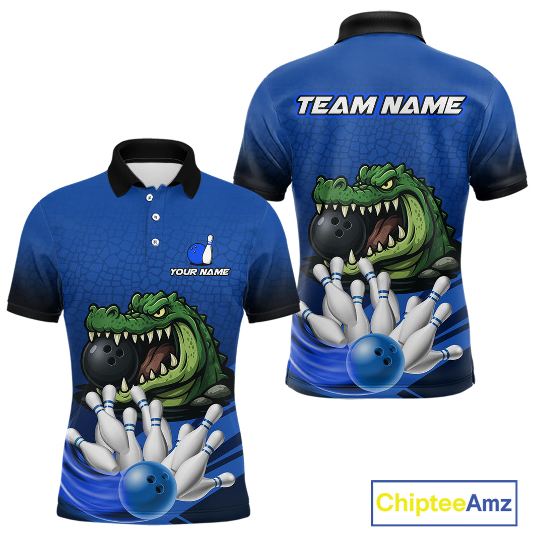 Funny Blue Alligator Bowling Polo, Quarter Zip shirts for Men Custom Team bowling league jersey NQS10630